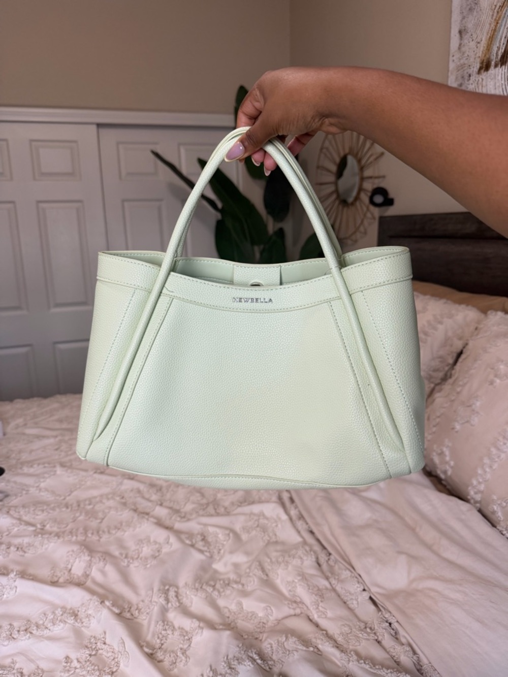 Newbella Mint Green Pebbled Leather Tote